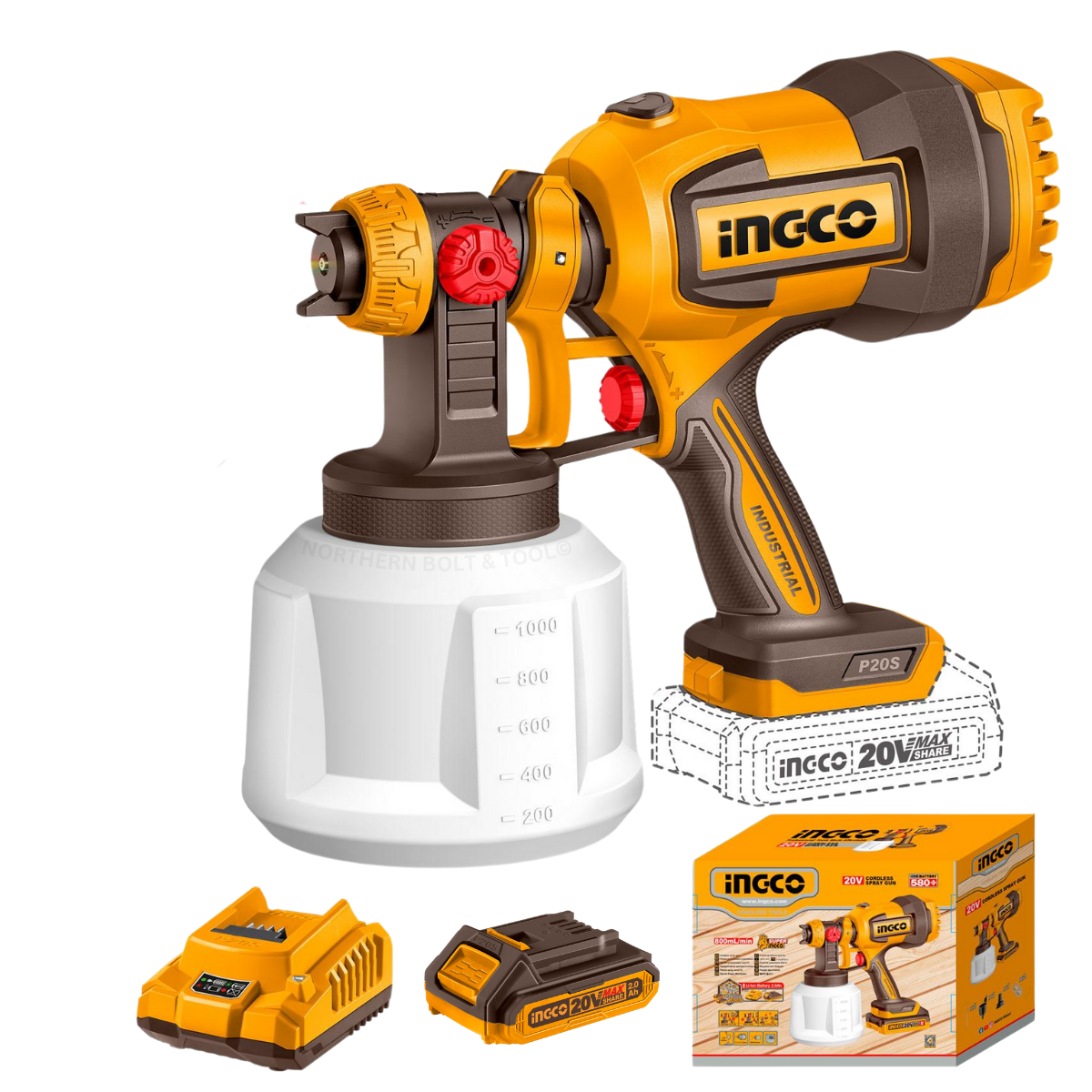Ingco Cordless Spray Gun 1L 20V Kit CSGLI20042