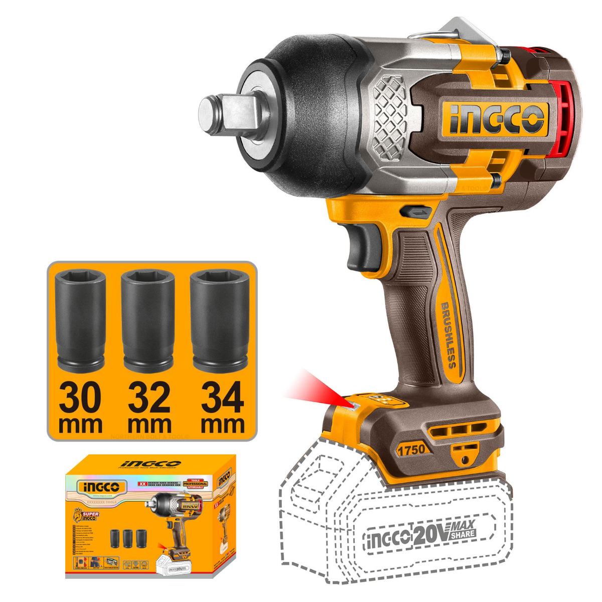 Ingco Cordless Impact Wrench 1,750Nm 20V (Tool Only) CIWLI201751
