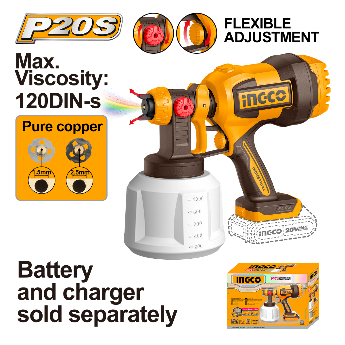 Ingco Cordless Spray Gun 1L 20V (Tool only) CSGLI2004