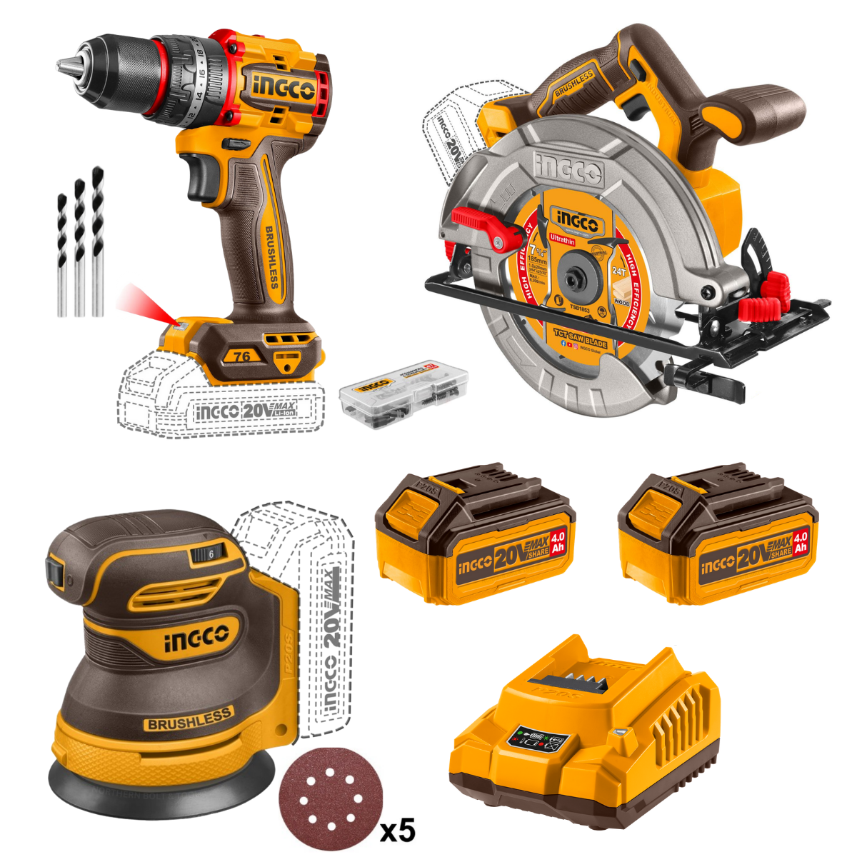 Ingco Cordless 3-Piece Drill / Sander / Circular Saw Combo Kit COSLI250181