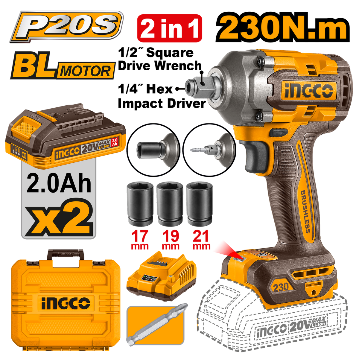 Ingco Cordless Impact Wrench 230Nm 20V Kit CIWLI20236