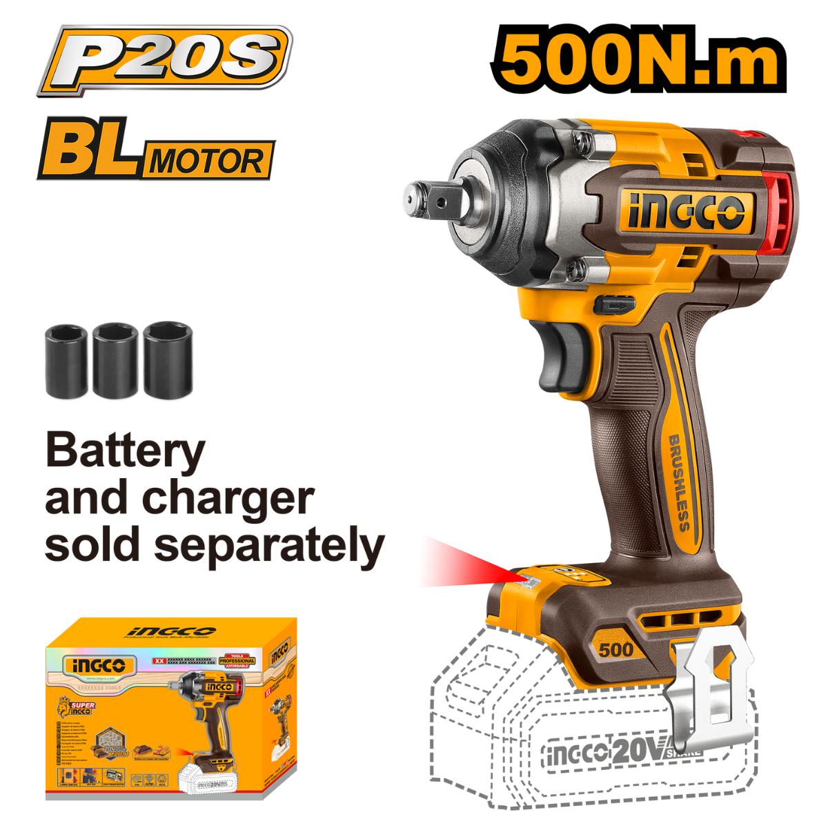 Ingco Cordless Impact Wrench 500Nm 20V (Tool Only) CIWLI20501