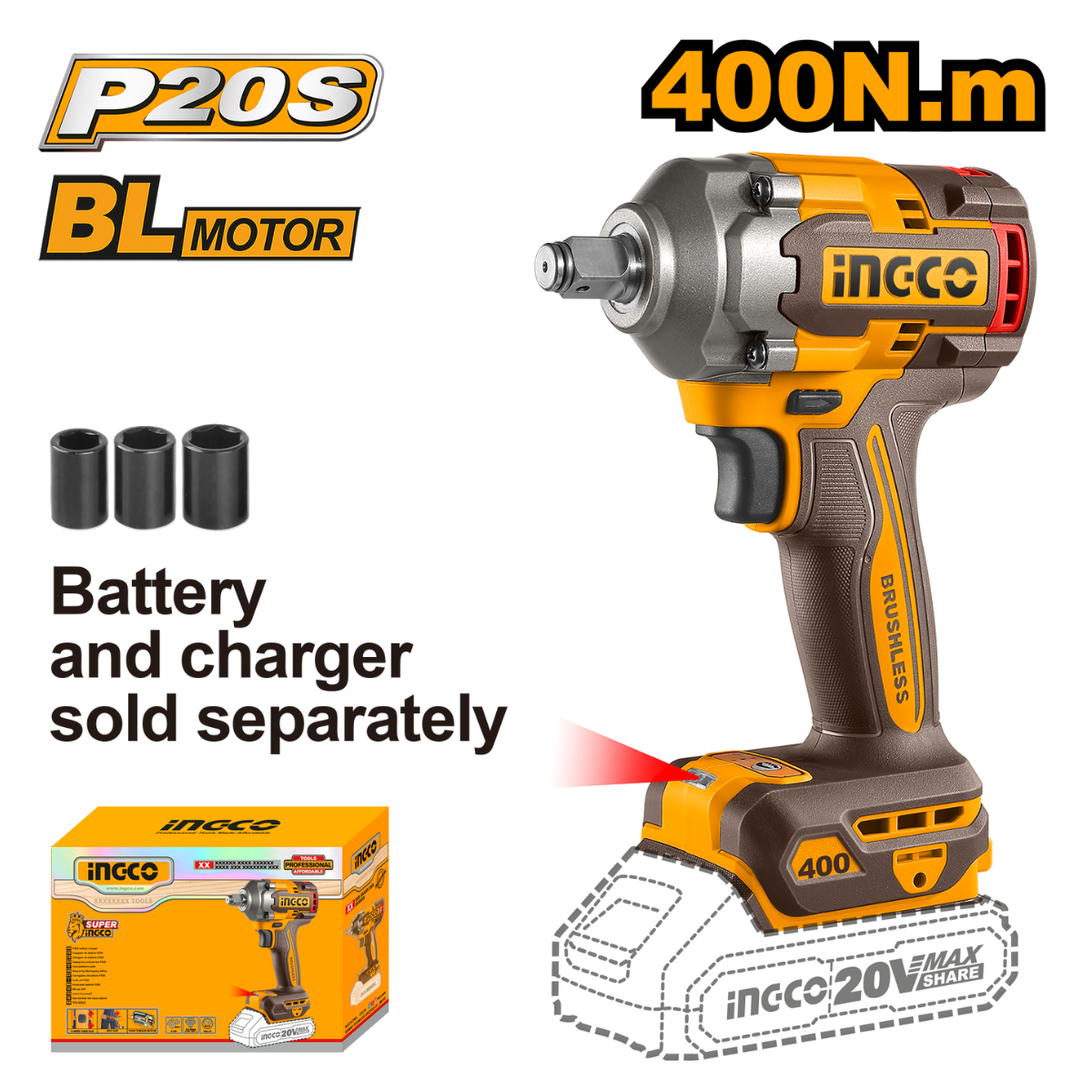 Ingco Cordless Impact Wrench 400Nm 20V (Tool Only) CIWLI20401