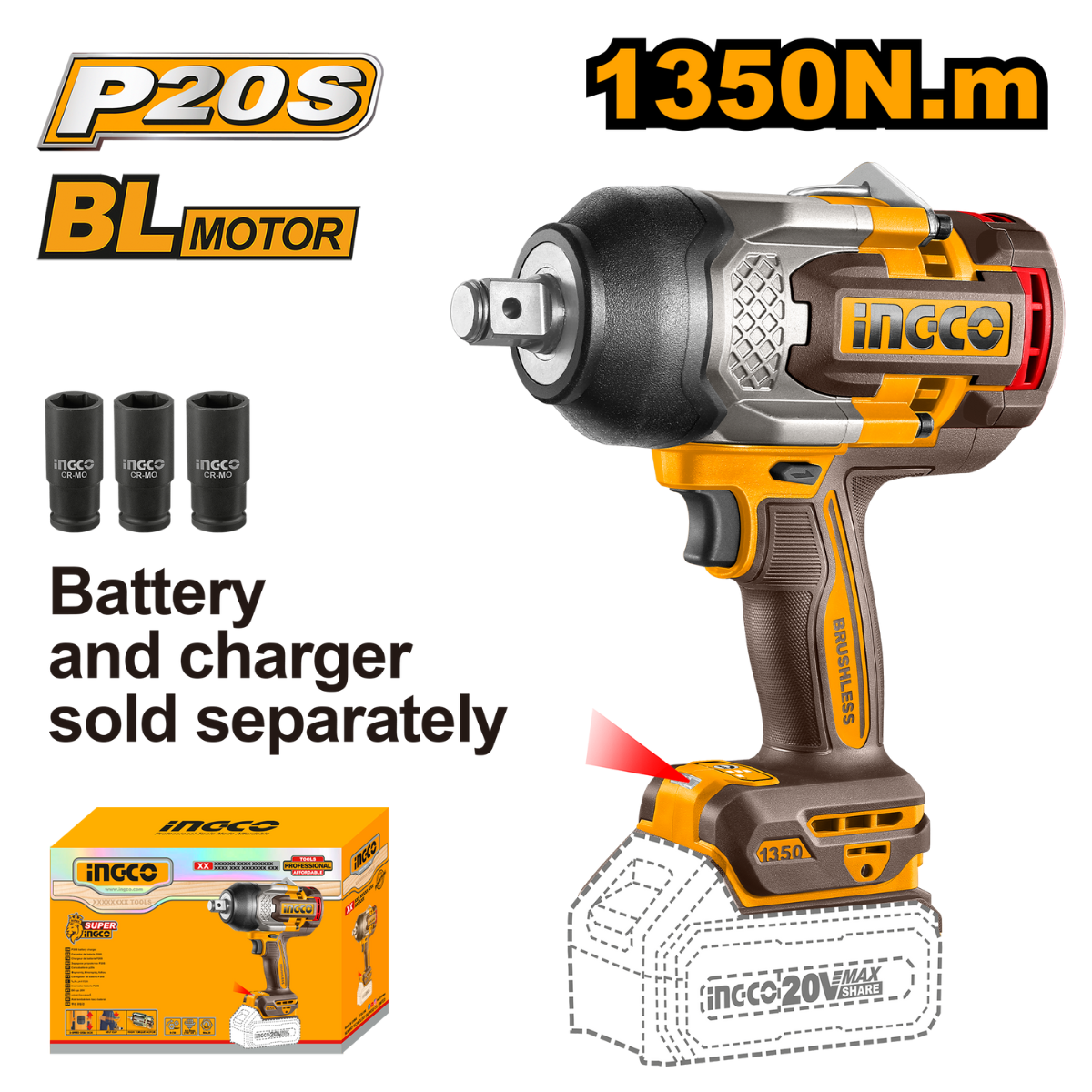 Ingco Cordless Impact Wrench 1350Nm 20V (Tool Only) CIWLI201351