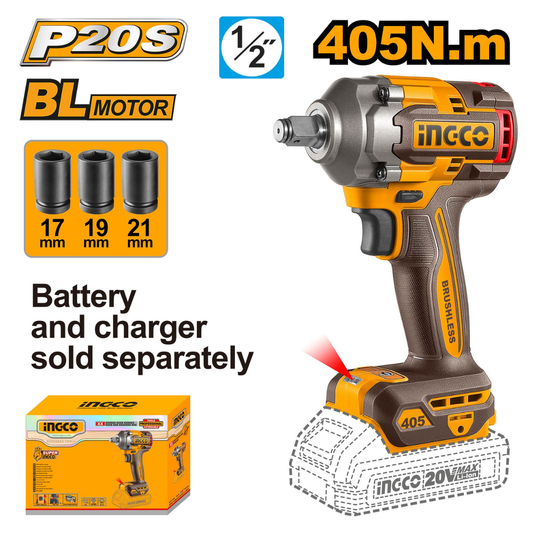 Ingco Cordless Impact Wrench 405Nm 1/2"Drive 20V (Tool Only) CIWLI20451