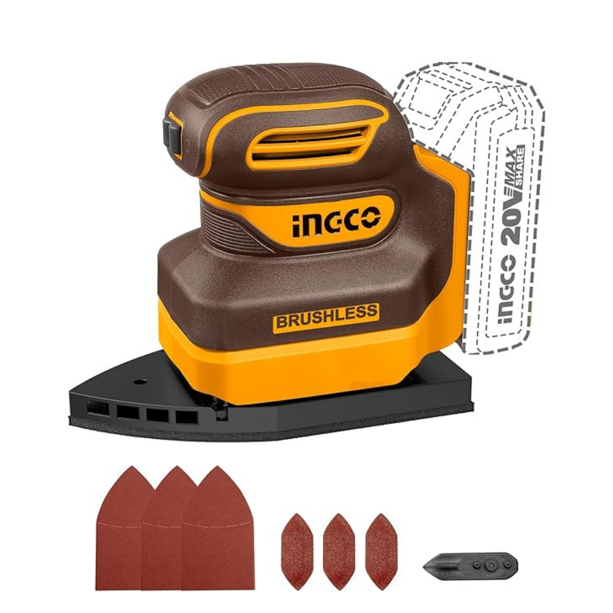 Ingco Cordless Palm Sander Brushless 20V P20S (Tool only) CPSLI2024