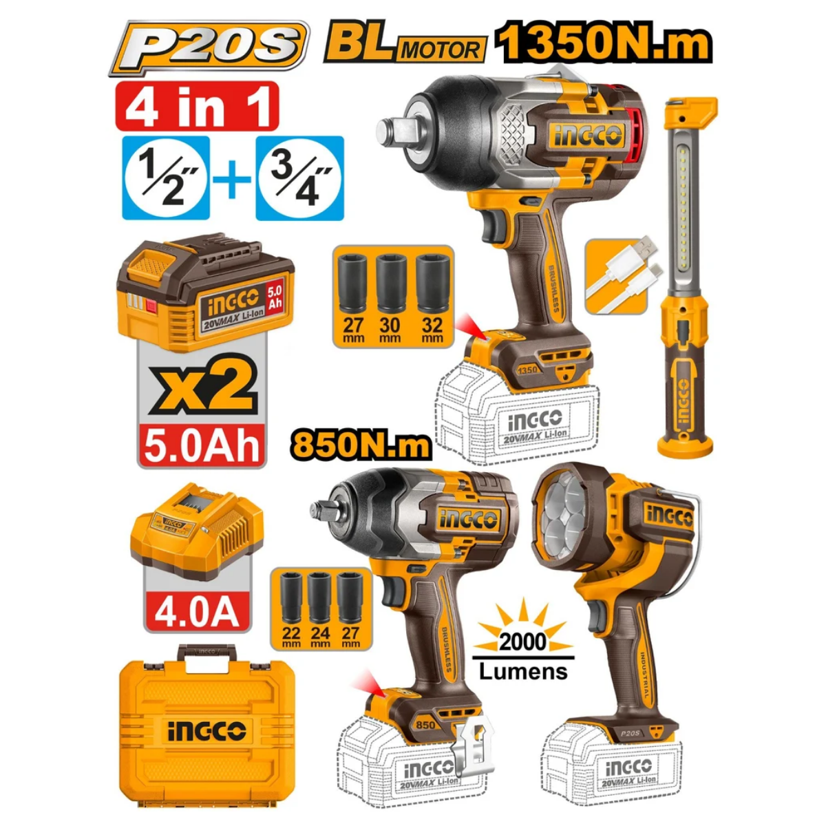 Ingco Cordless 4-in-1 Cordless Combo Kit (2x Work lights & 2x Impact Wrenches) COSLI250782