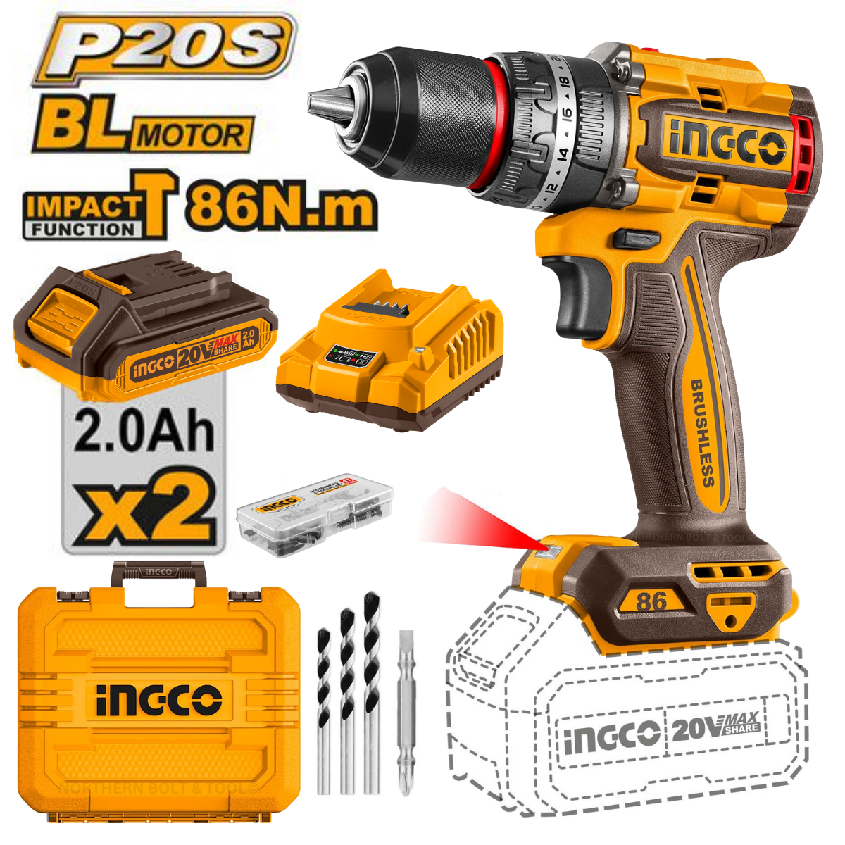 Ingco Cordless Impact Drill 86Nm 20V Kit with 2x Battery Pack 2Ah CIDLI208687