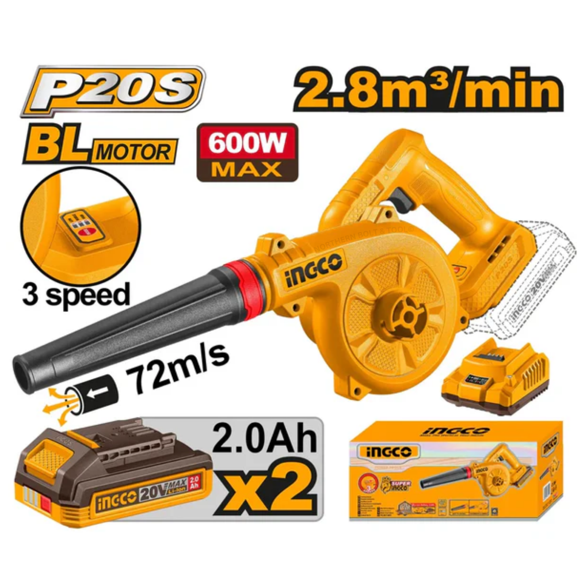Ingco Cordless Blower Brushless 20V Kit Variable Speed P20S