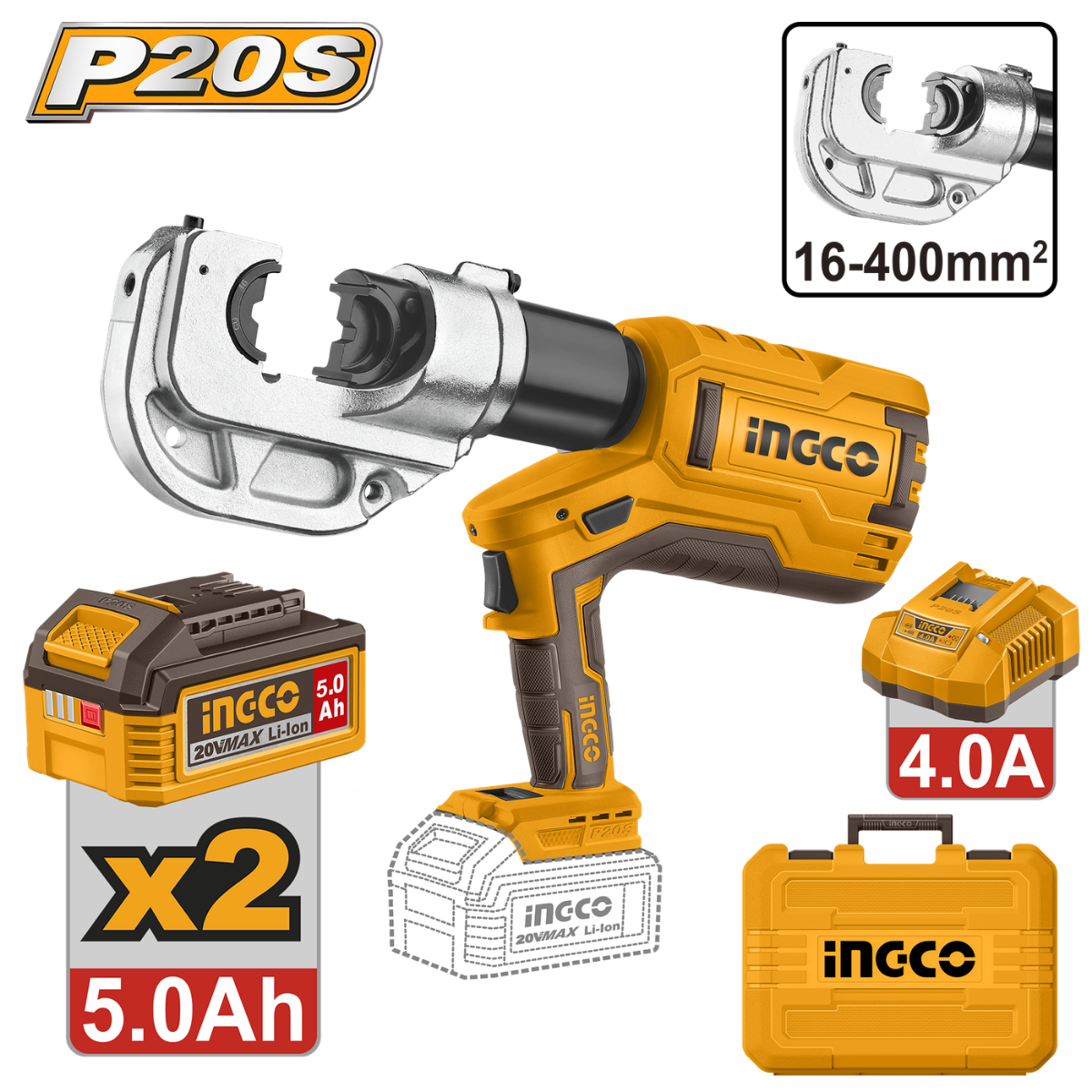 Ingco Cordless Hydraulic Crimping Tool Kit 20V (16–400 mm²)