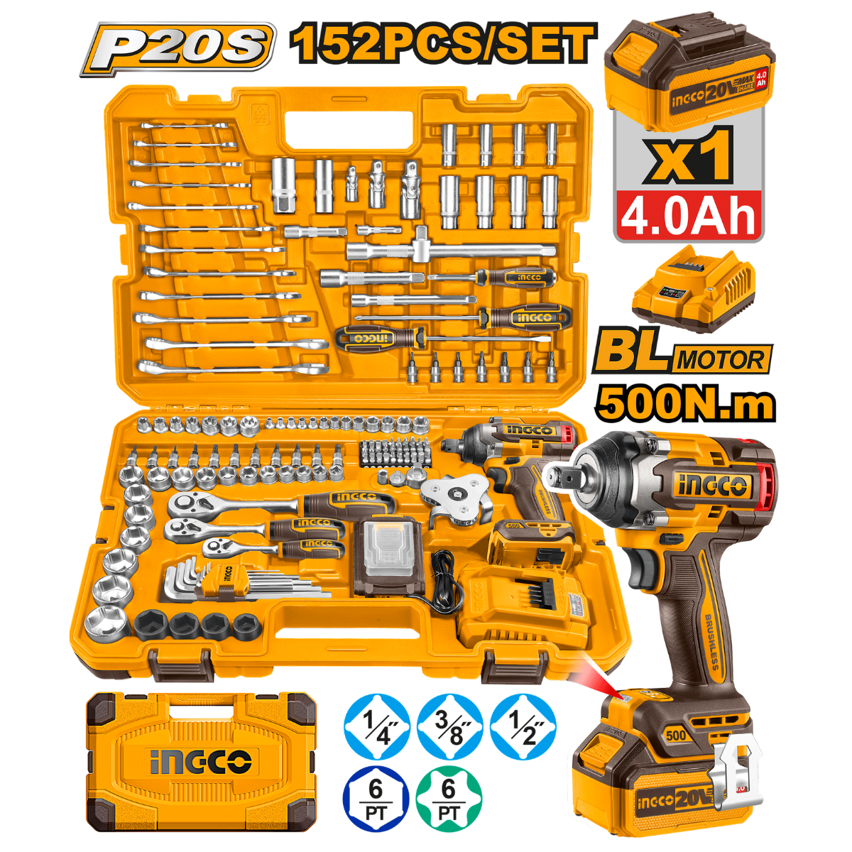 Ingco 152pcs Toolbox with Cordless Impact Wrench 500Nm 20V Set