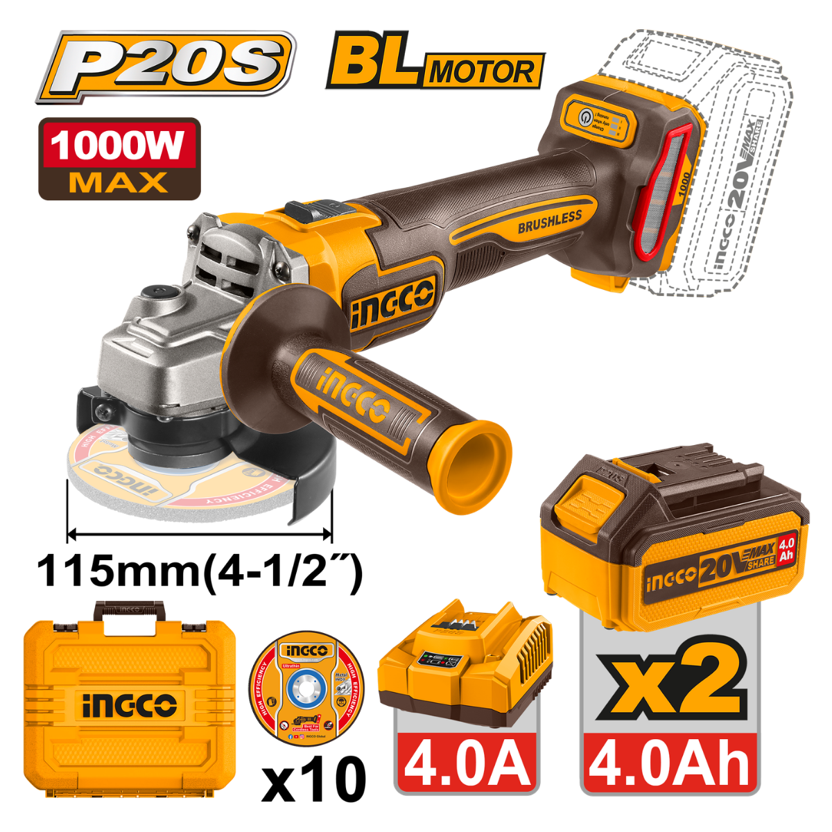 Ingco Cordless Angle Grinder 1000W 115mm 20V Kit