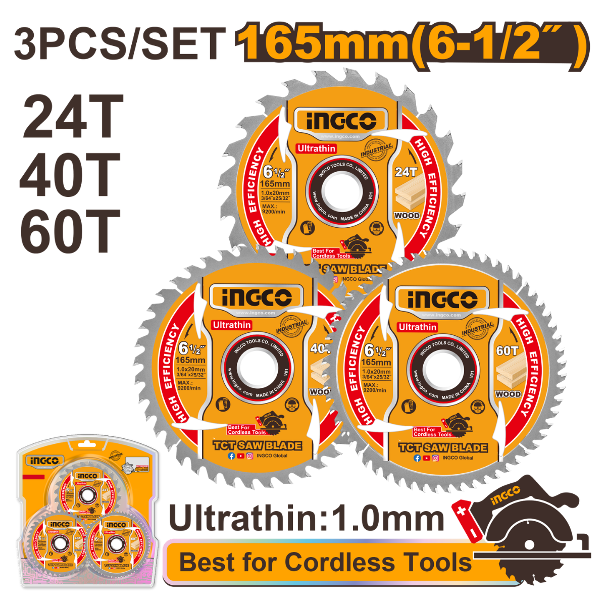 Ingco TCT Saw Blade Set 165mm 3Pcs Set
