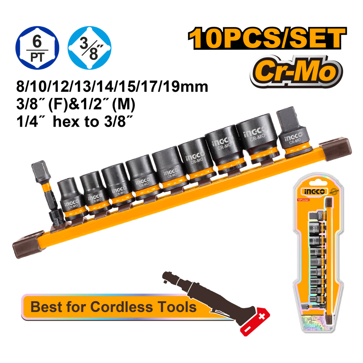 Ingco Impact Socket Set 3/8"Dr. 10Pcs Set