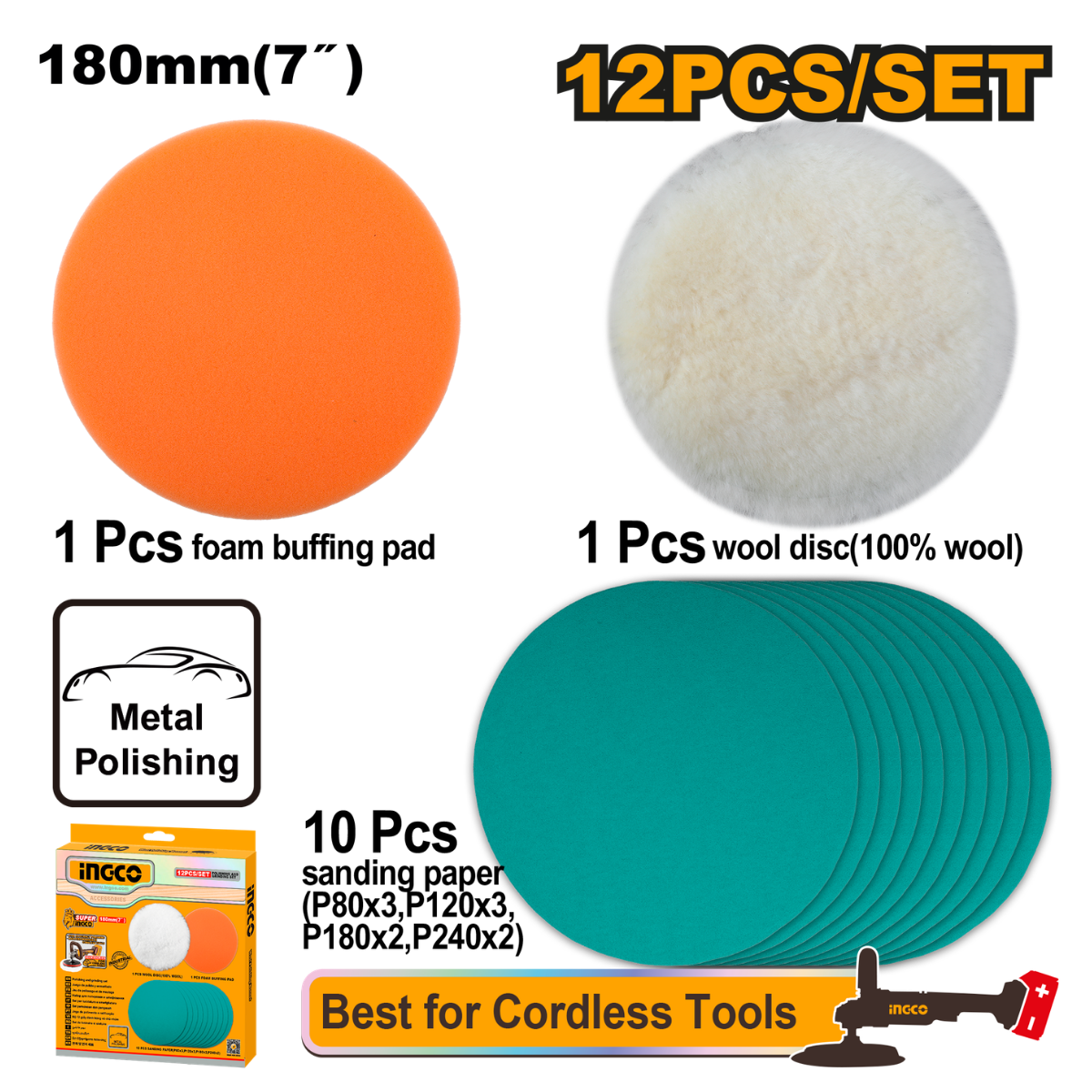 Ingco Polishing & Grinding Accessory Set 12Pcs
