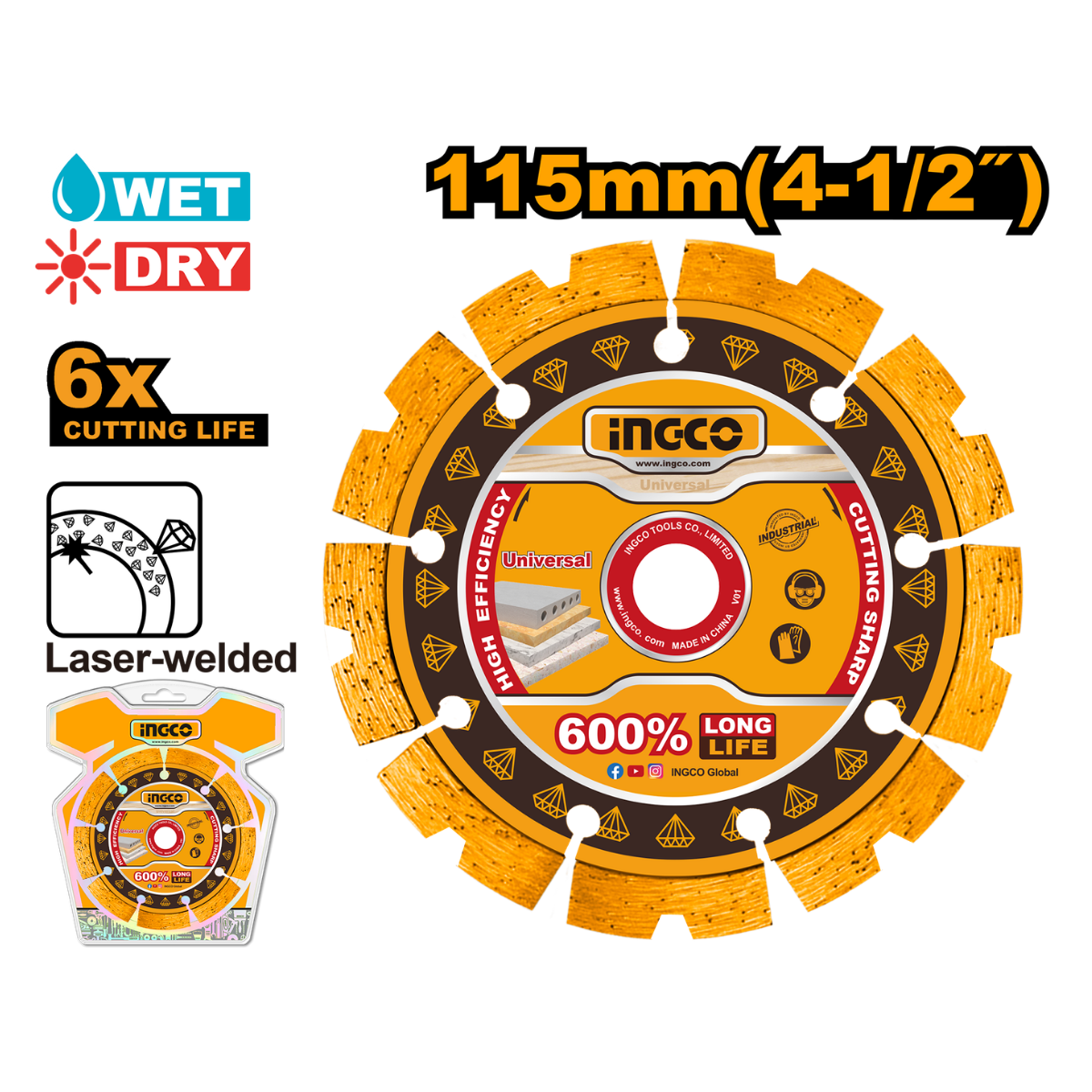Ingco Laser Welded Diamond Cutting Disc 115mm
