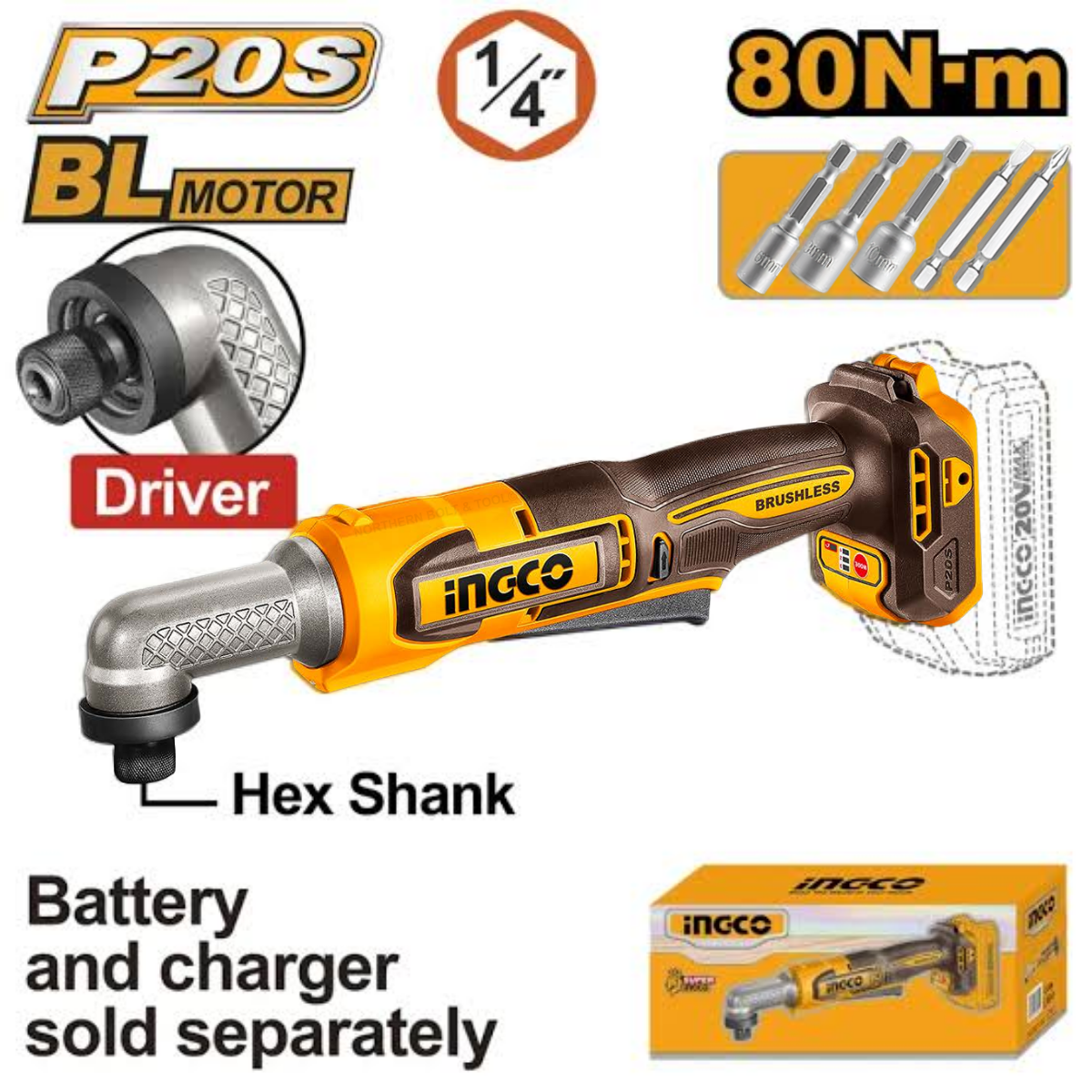 Ingco Cordless Angle Impact Driver 80Nm 20V (Tool Only) CAIRLI2081