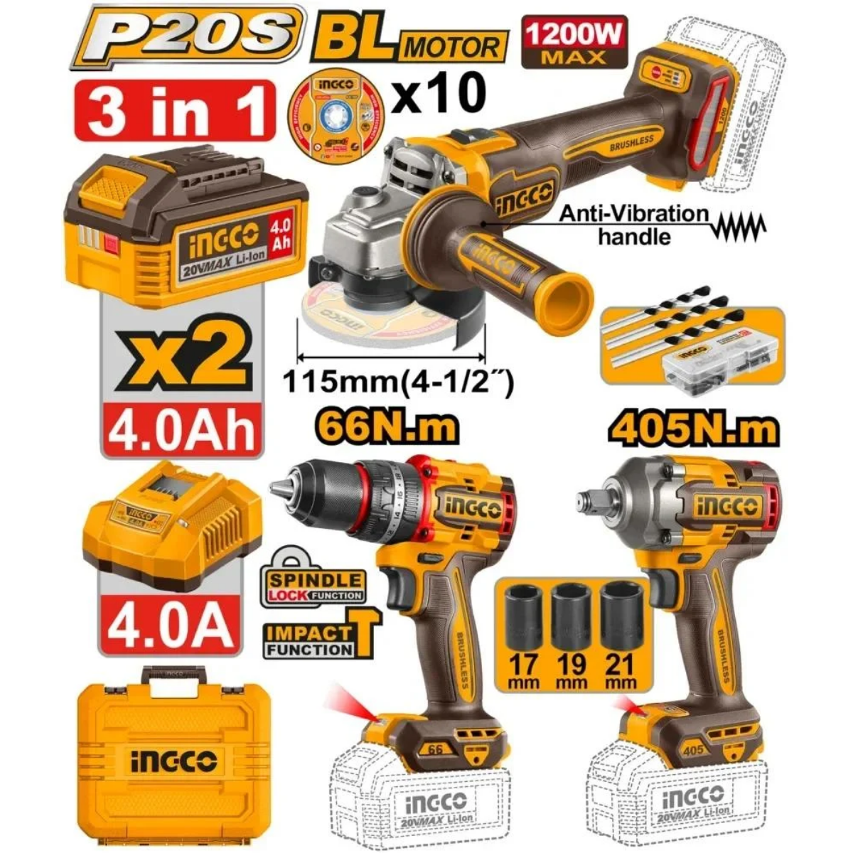 Ingco 3 Piece Cordless 20V Kit with Impact Drill / Impact Wrench / Angle Grinder