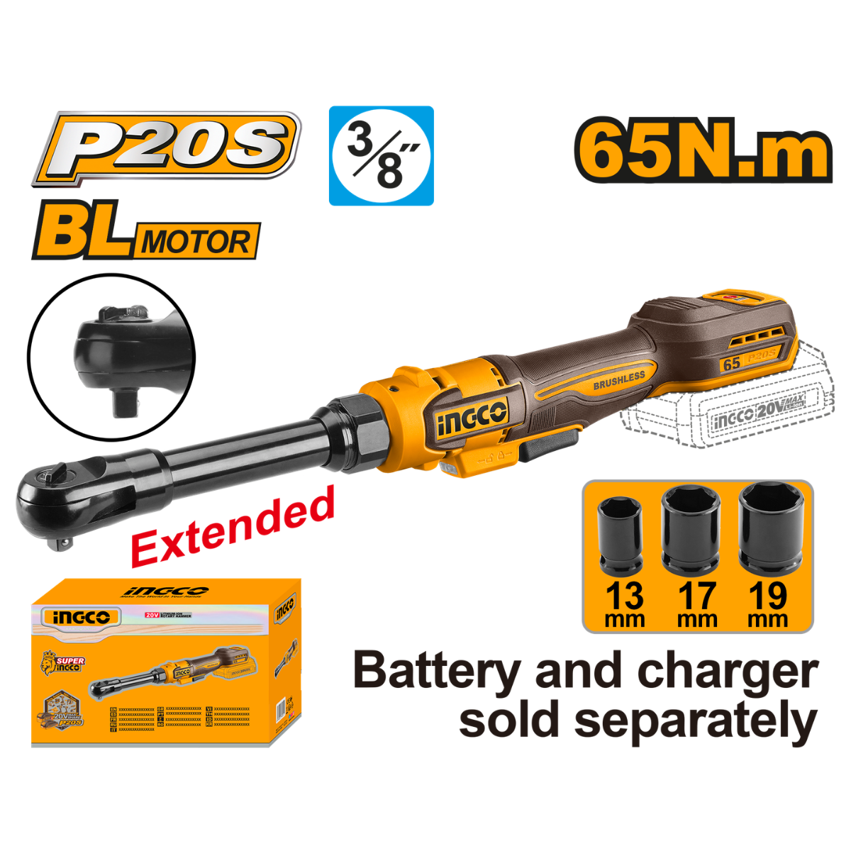Ingco Cordless Ratchet 65Nm Brushless 20V Extended Neck (Tool only) CDRLI206529