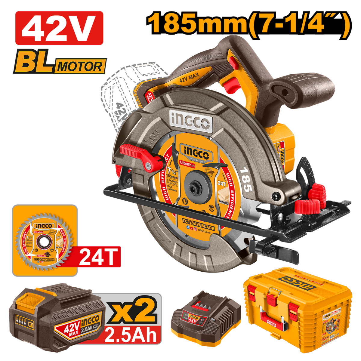 Ingco Cordless Circular Saw 185mm 42V P42M Kit with 2x Batteries CSLI4218512