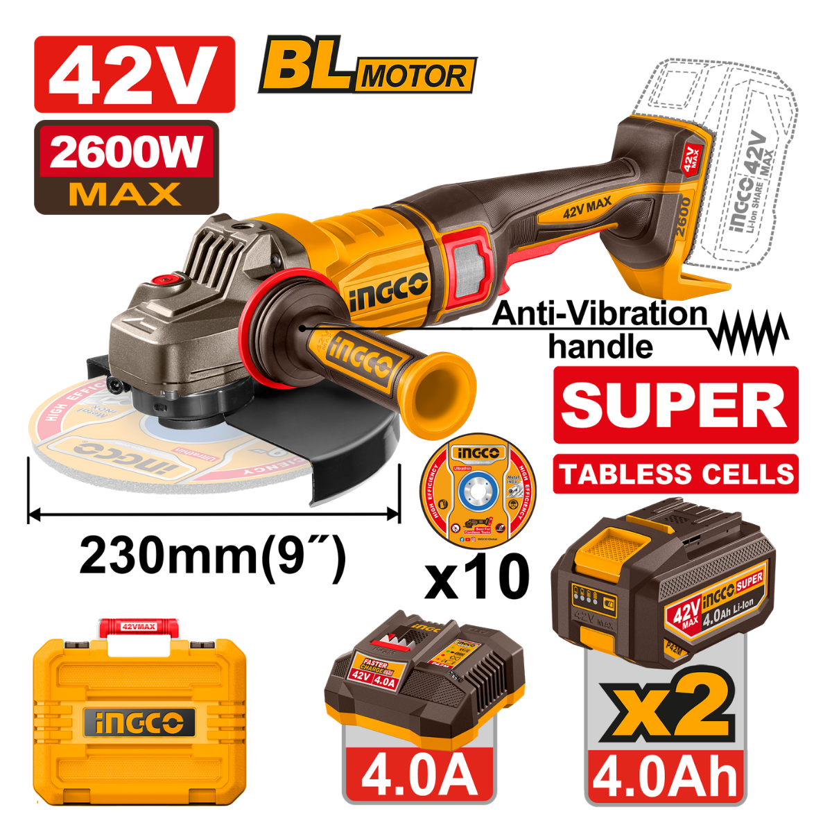 Ingco Cordless Angle Grinder 230mm 2600W 42V Kit