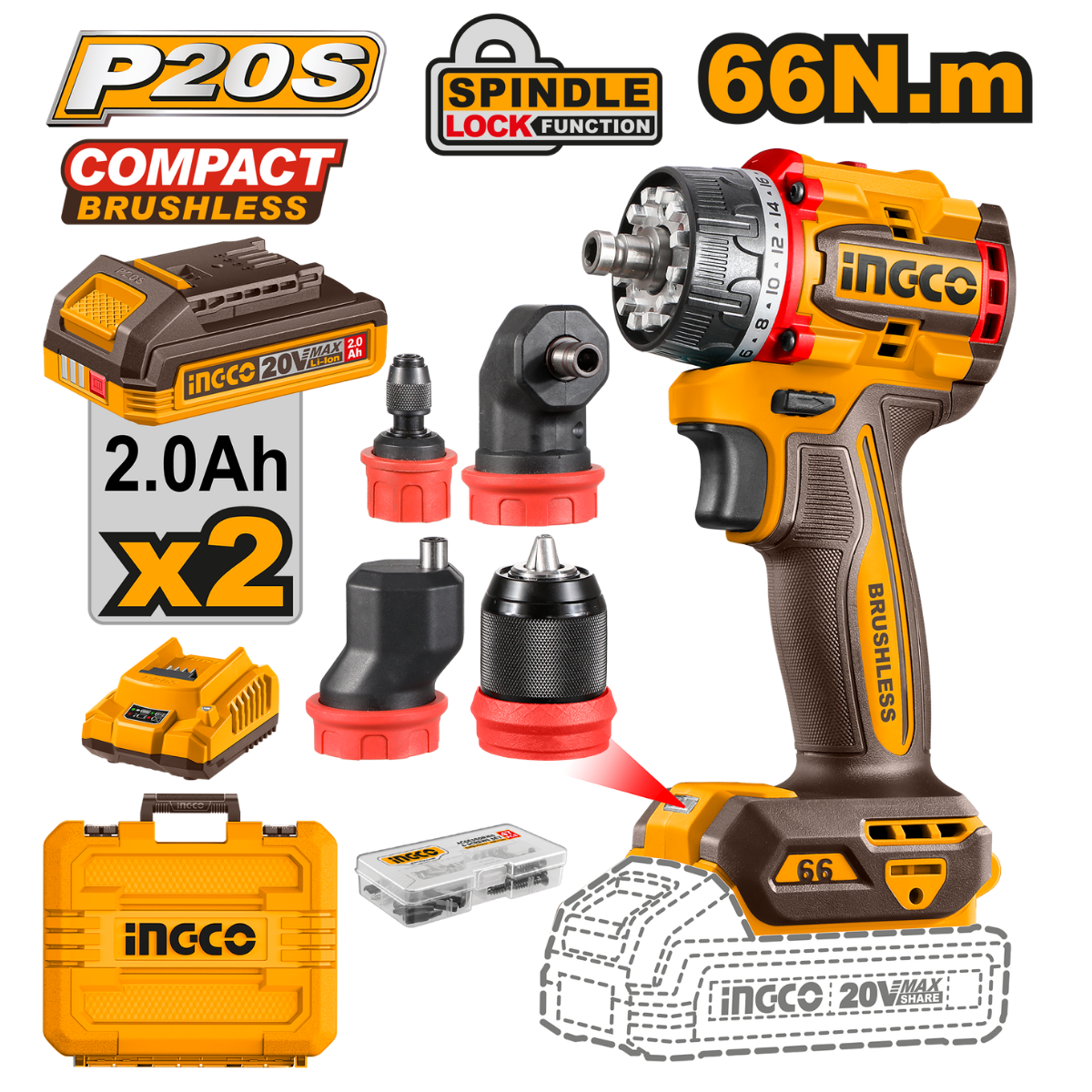 Ingco Cordless Multi-Head Drill Driver 66Nm 20V Kit CDLI206686