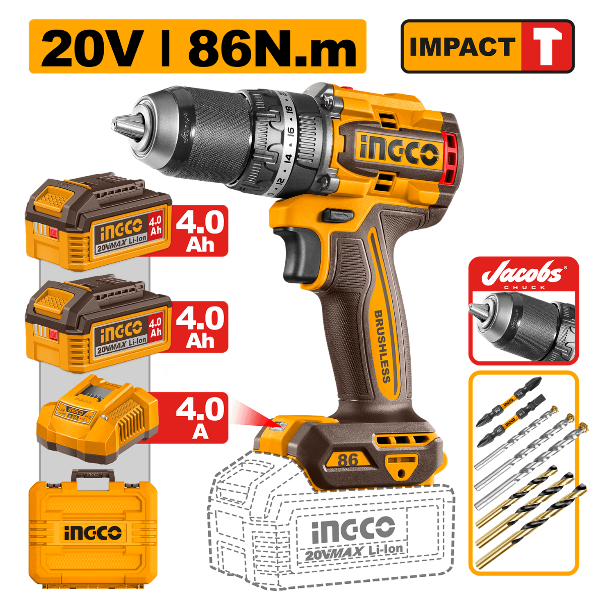 Ingco Cordless Impact Drill 86Nm 20V Kit