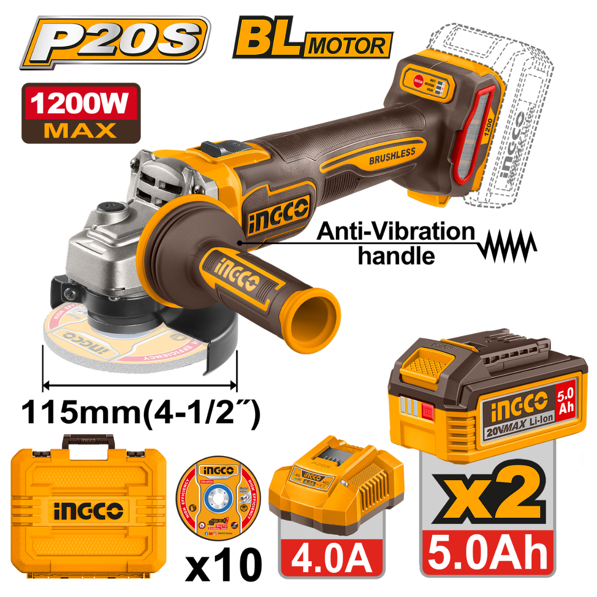 Ingco Cordless Angle Grinder 1200W 20V Kit with Anti-Vibration Handle