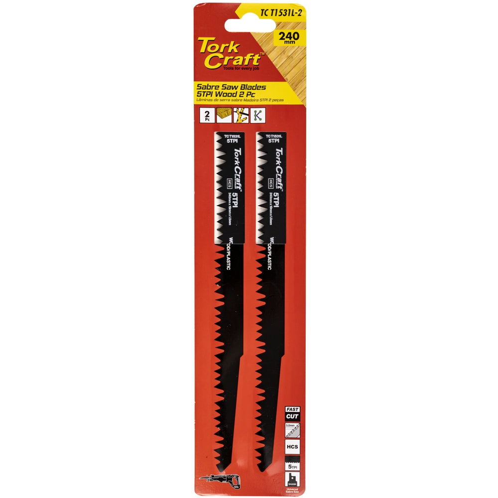 Tork Craft Sabre Saw Blade 240 X 5Mm 5Tpi Wood 2Pc