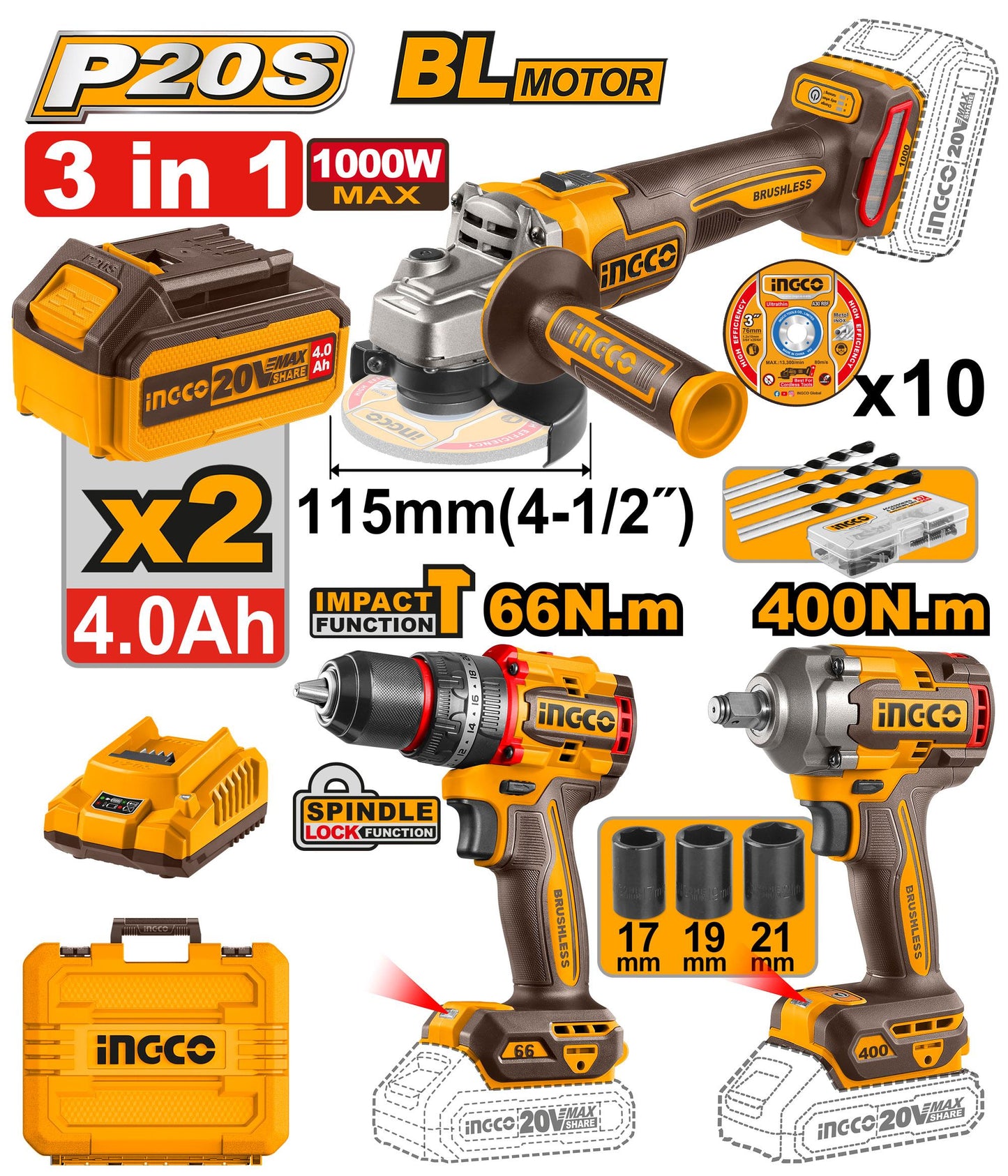 Ingco Cordless Combo Kit Drill / Grinder / Impact Wrench COSLI241291