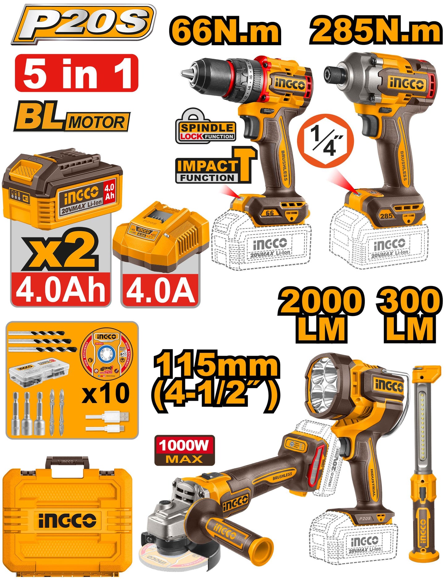 Ingco Cordless 5 in 1 Power Tool Combo Kit