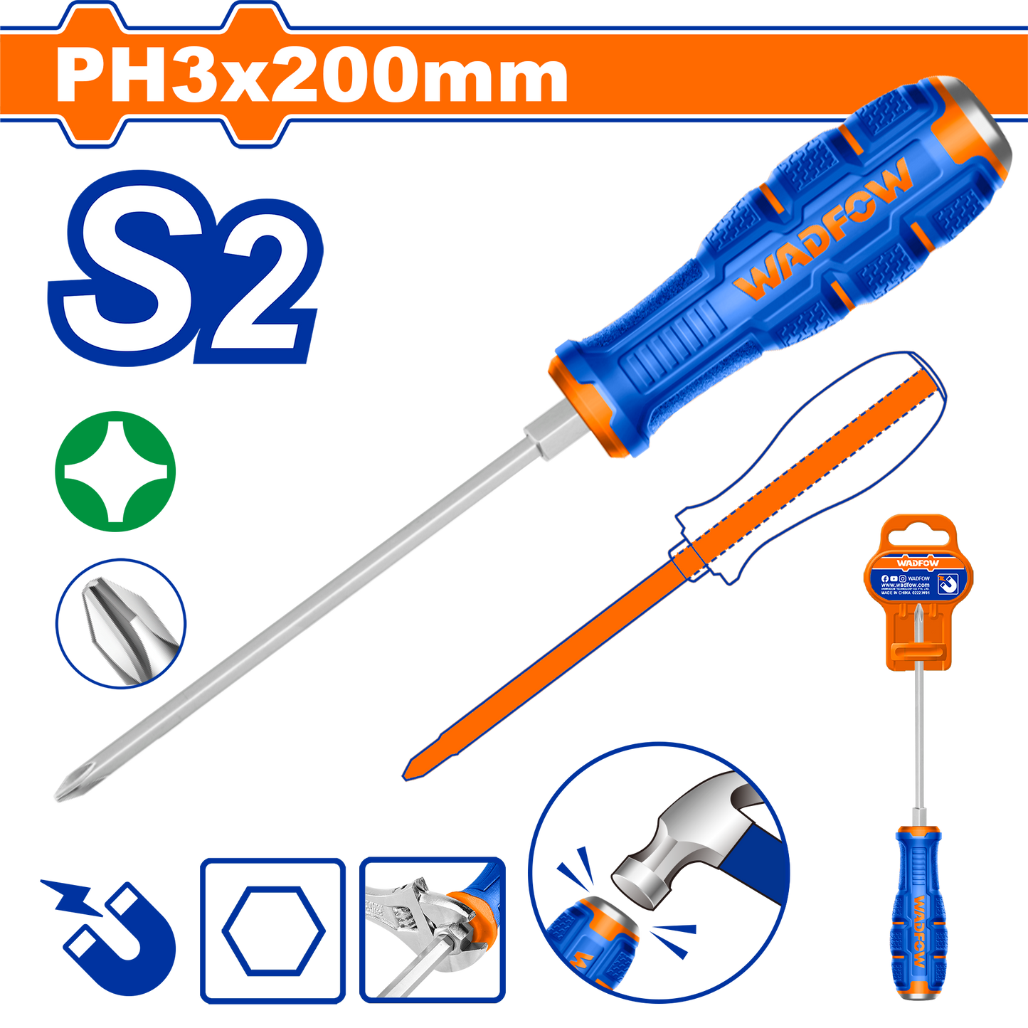 Wadfow Phillips go-through screwdriver Ph3x200mm WQJ2238