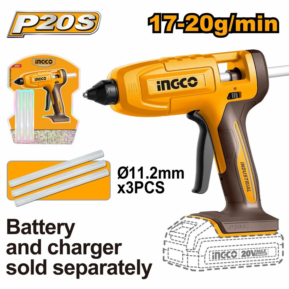 Ingco Cordless Glue Gun 20V With 3 Glue Sticks (Tool Only)