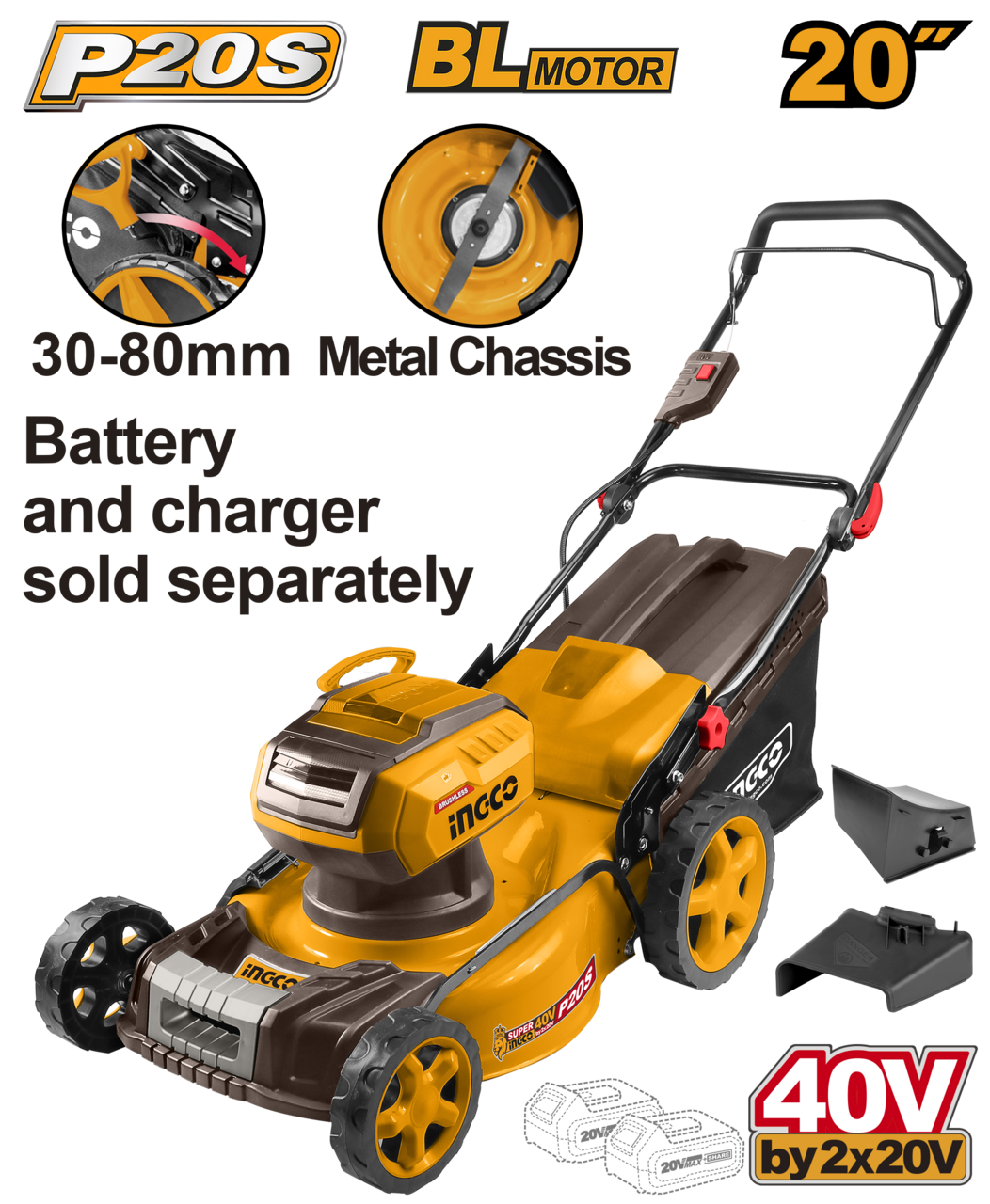 Ingco Cordless Lawn Mower 40v 20" / 510MM Lithium-ion (Tool Only)