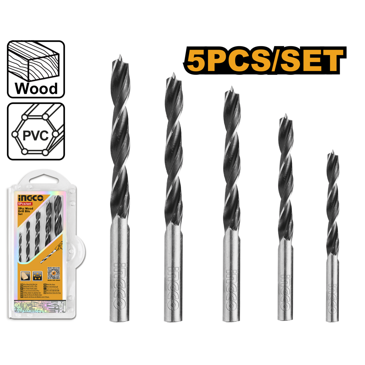 Ingco Wood Drill Bit Set 5Pcs