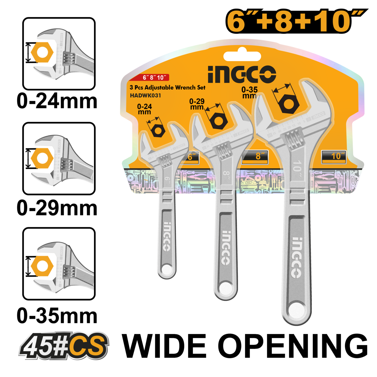 Ingco Adjustable Wrench Set 3Pcs