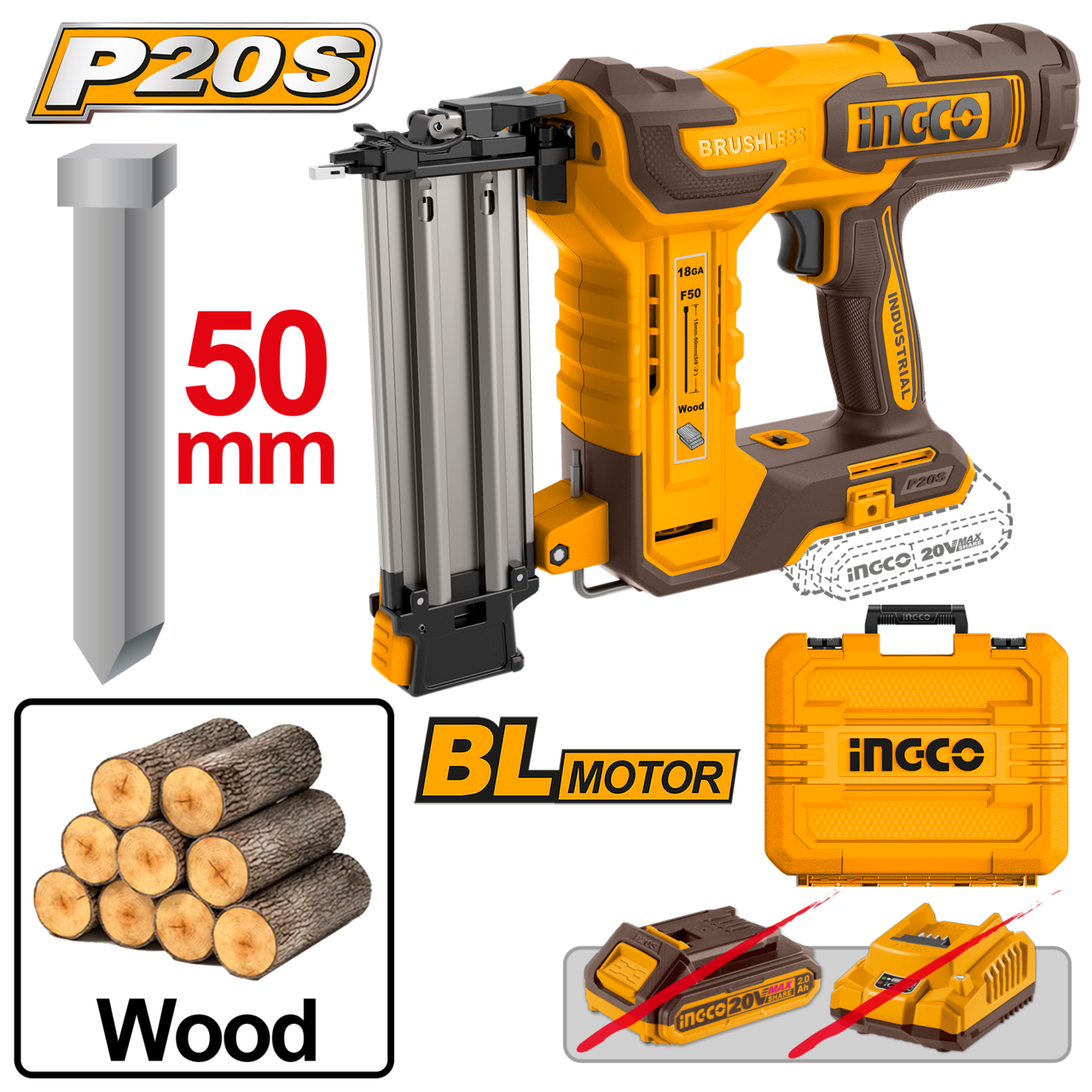 Ingco Cordless Brad Nailer 20V F15 ~ F50 (Tool Only)