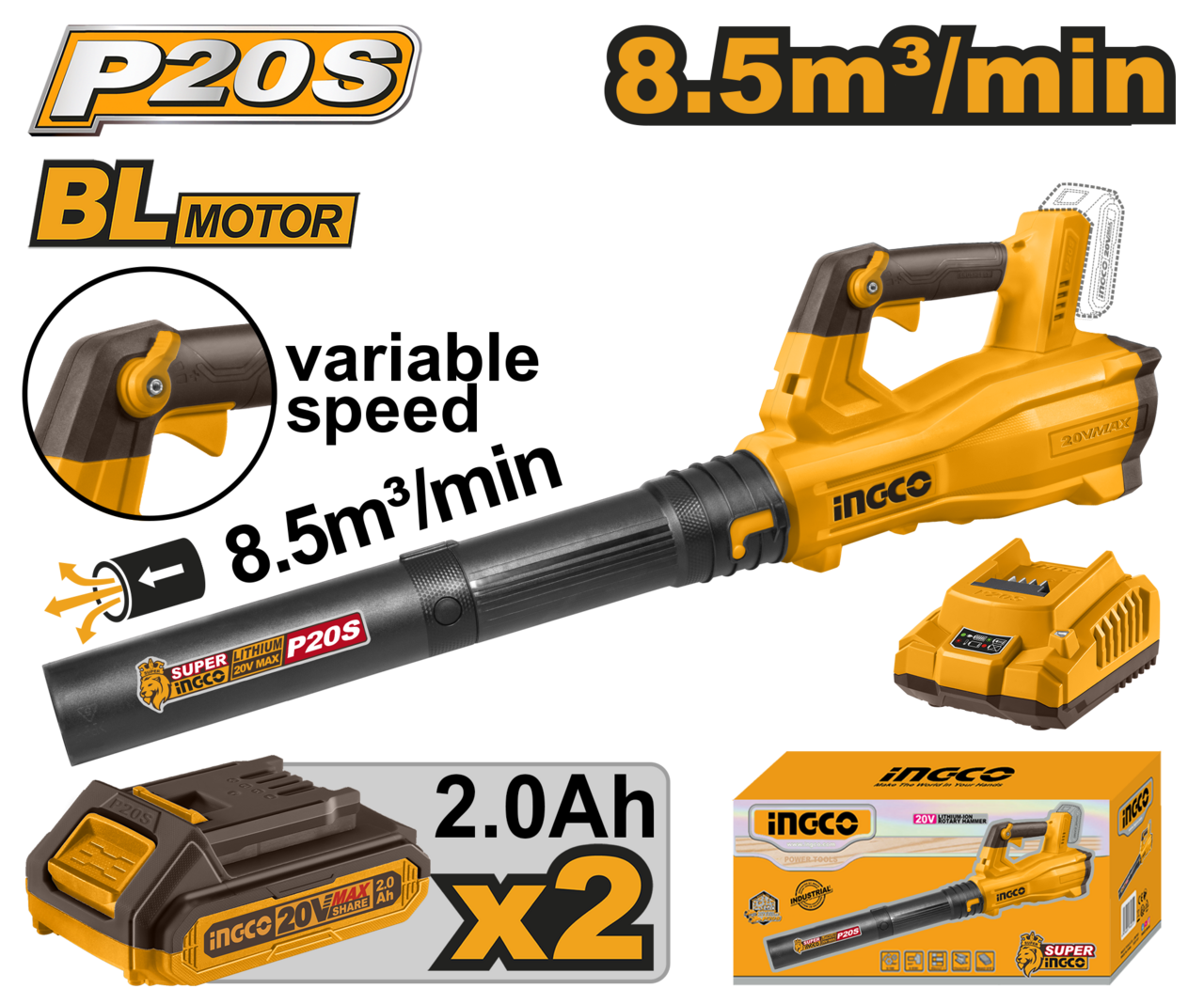 Ingco Cordless Leaf Blower Brushless 20V Kit - Variable Speed