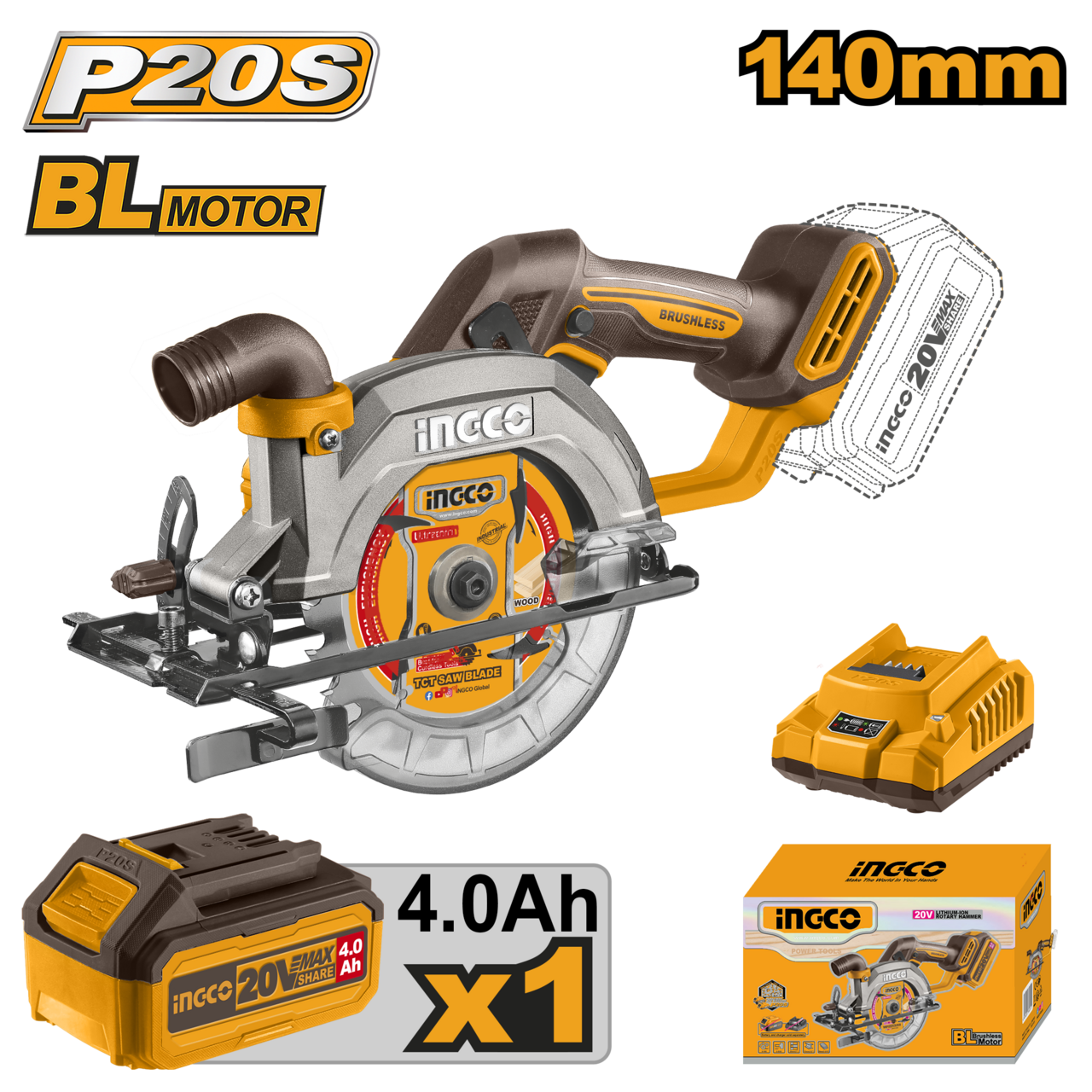 Ingco 20V Lithium-Ion Circular Saw 140mm