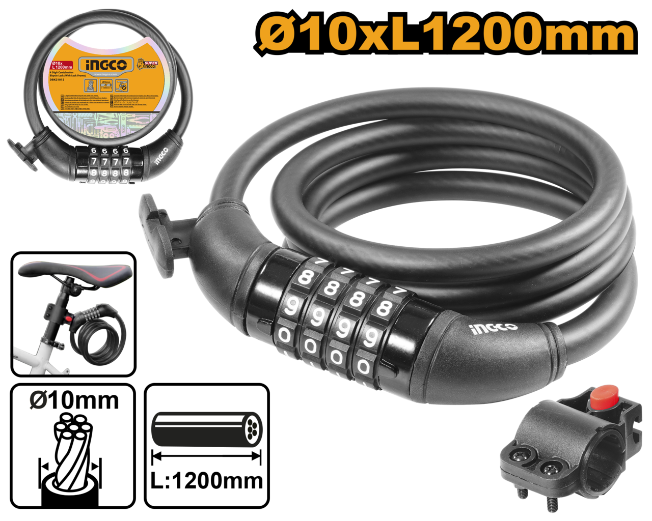 Ingco - 4 Digit Combination bicycle lock (with lock frame)