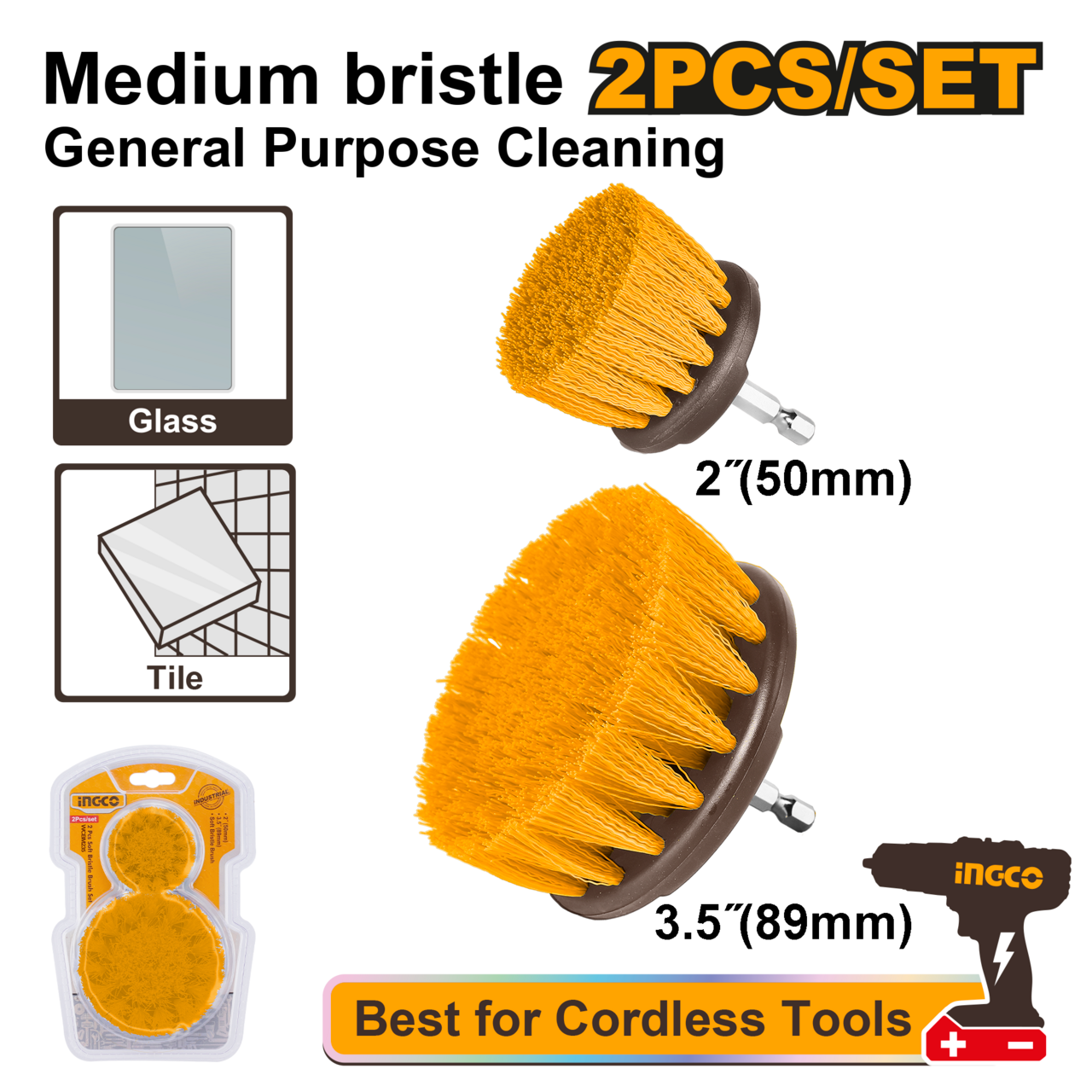 Ingco 2 Pieces Medium bristle brush cleaning set
