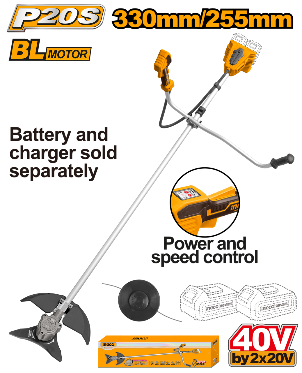 Ingco 40V Lithium-Ion String Trimmer And Brush Cutter
