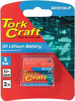 Tork Craft CR123A 3V LITHIUM BATTERY X2 PER CARD (MOQ 6)