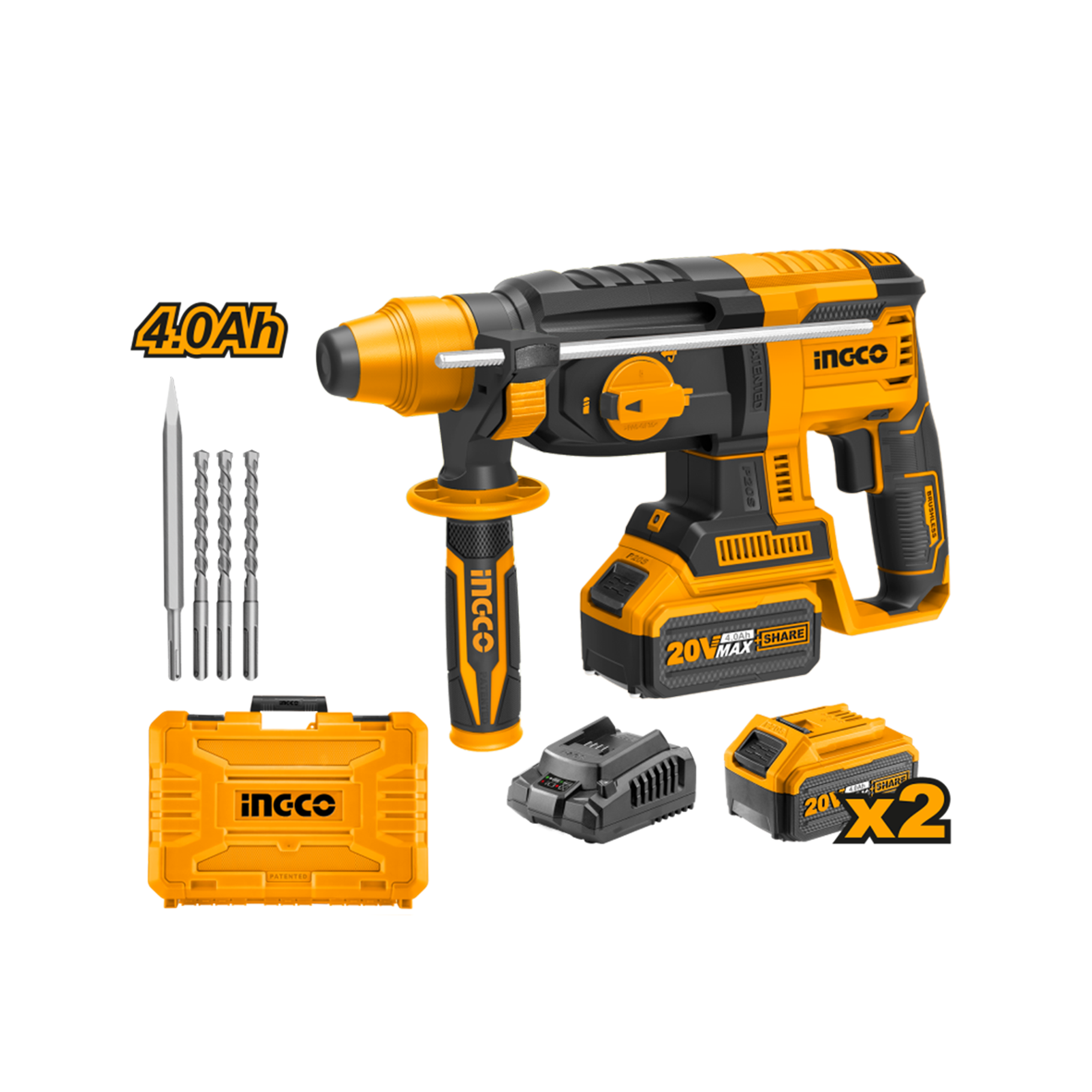 Ingco Cordless Rotary Hammer Drill Kit With 2 X 4ah Batteries and