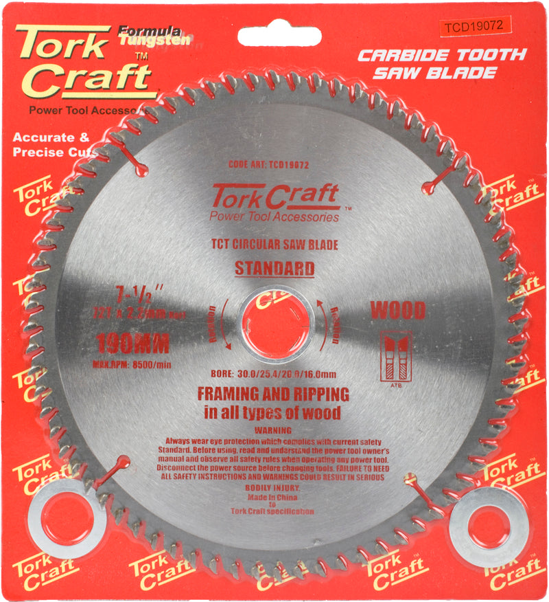 Tork Craft BLADE TCT 190 X 72T 30/ GENERAL PURPOSE CROSS CUT SMOOTH