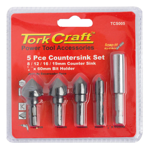 Tork Craft COUNTERSINK SET 5PCE SET CARBON (8,12,16,19MM C/W HEX SHANK ADAPTOR)