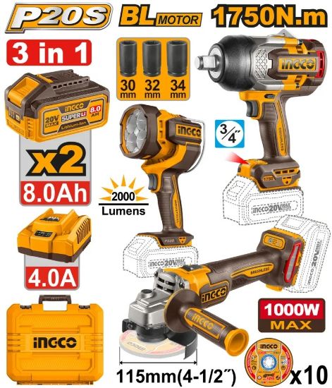 Special - Ingco Cordless Combo Kit With 1750Nm Impact Wrench, Grinder & Work Lamp