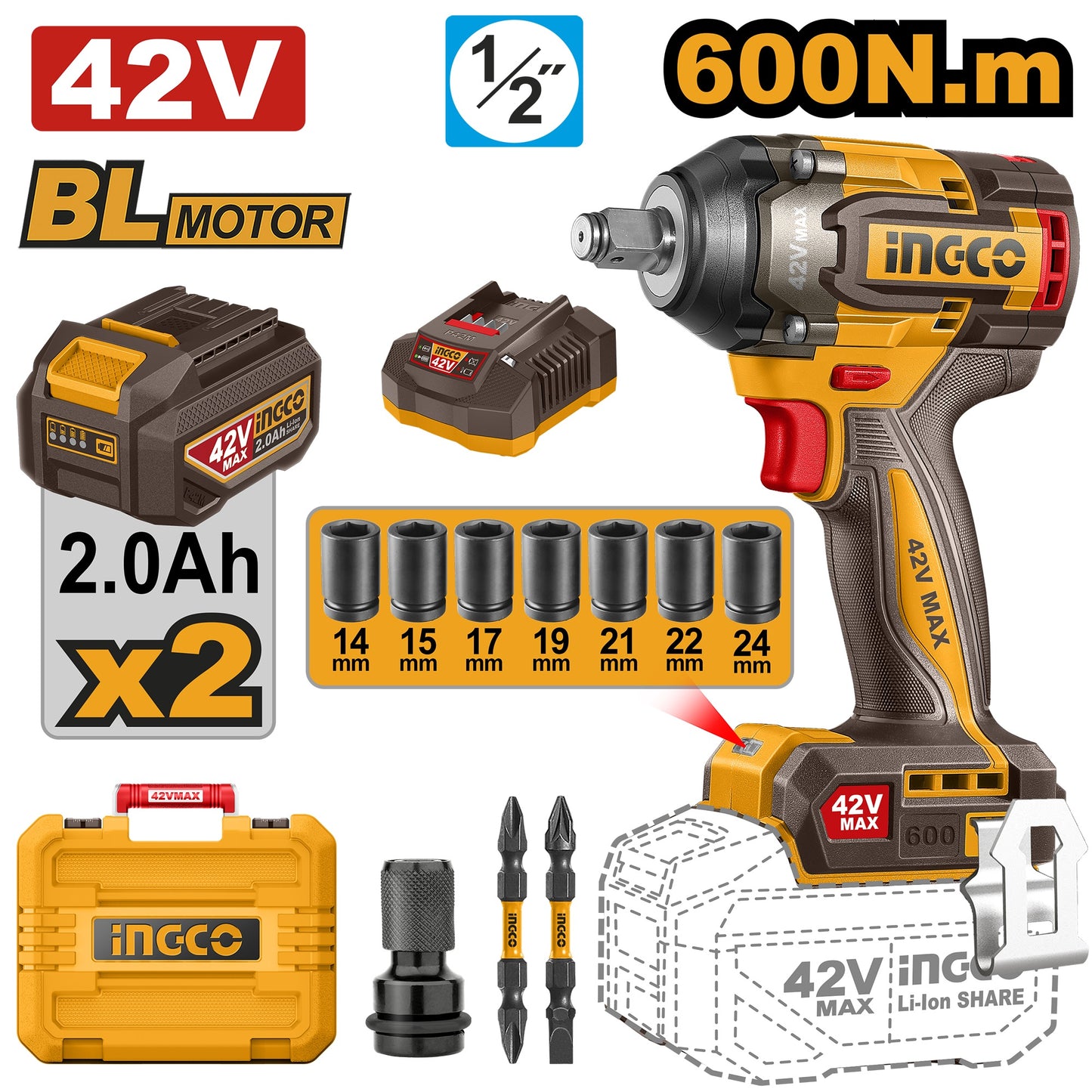 Ingco 42V Cordless Impact wrench 600Nm Kit P42M