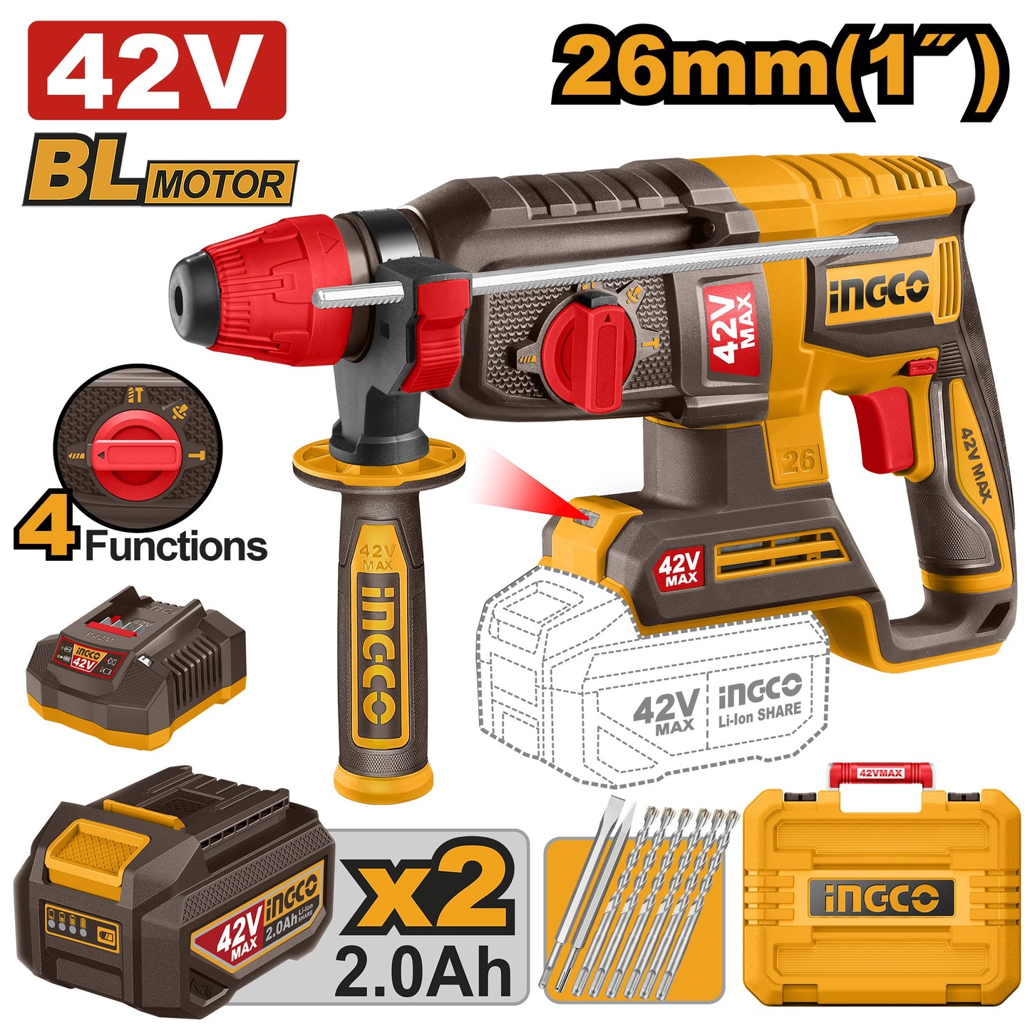 Ingco 42v Cordless Rotary Hammer Drill Kit 2.5J P42M