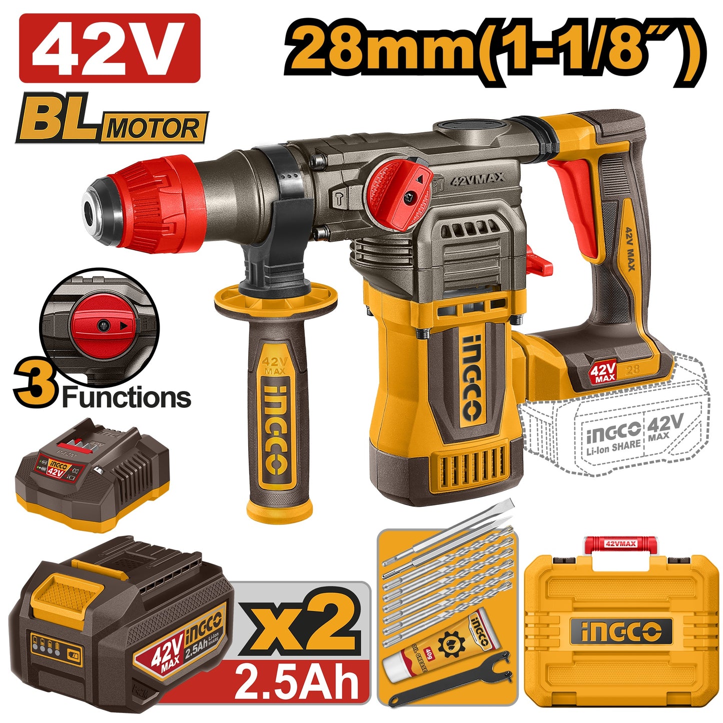 Ingco 42V Cordless Rotary Hammer Drill 4.5j Kit P42M
